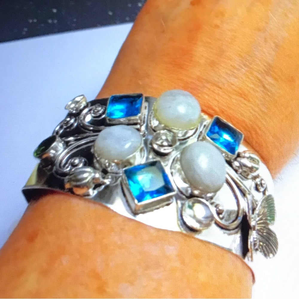 Blue Topaz Moonstone 925 Stamped Sterling Silver Cuff Bracelet